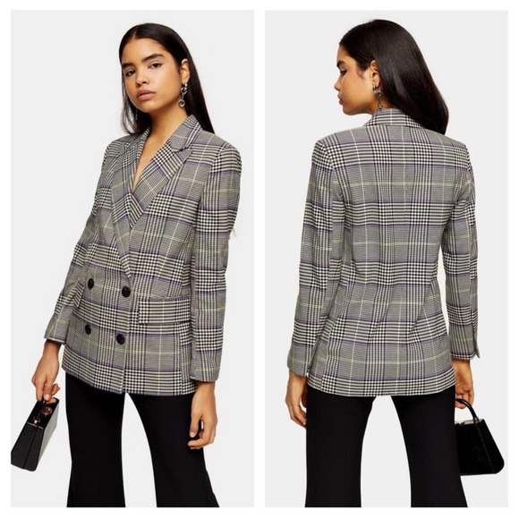 Topshop Jackets & Blazers - TOPSHOP Check Plaid Double Breast Blazer Oversized 2 Black White Schoolcore Prep